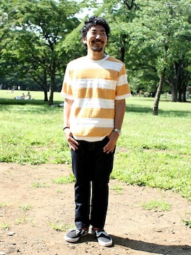 「ボーダーTシャツ」｜中井　皓次さん（メンズ・166cm）の夏コーディネート