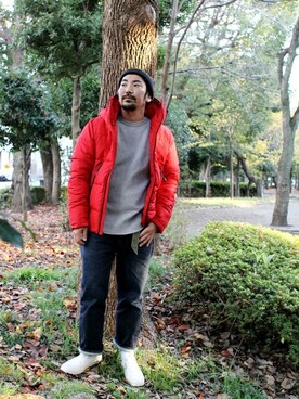 ダウンジャケット コートを使った 赤アウター のメンズ人気ファッションコーディネート ユーザー ショップスタッフ Wear