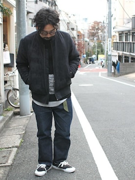 「Denime（ドゥニーム）のアイテム（MA-1）」を使った、中井　皓次さん（メンズ・166cm）の冬コーディネート