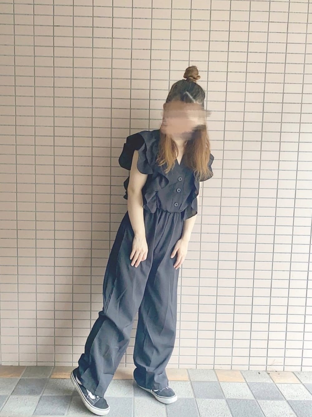 「ラクチンコーデ、シンプル、ゆるコーデ、オールインワン、黒、ブラック、低身長、ootd、おしゃれさんと繋がりたい、node.」｜「node.のアイテム（オールインワン・サロペット、ブラック系）」を使った、nao !さん（レディース・150cm）の夏コーディネートの1枚目の写真