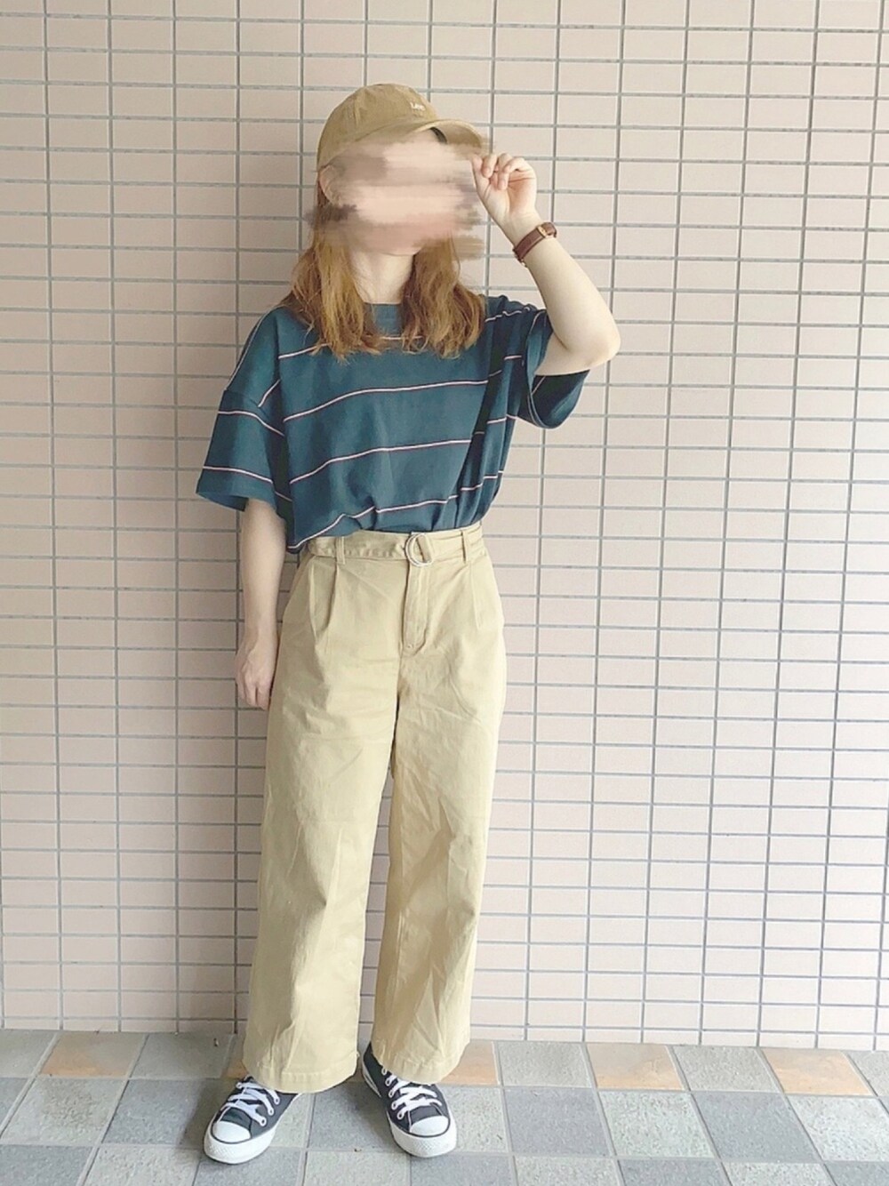 「大人カジュアル、カジュアルコーデ、シンプル、ラフ、夏、パンツスタイル、低身長、ootd、お洒落さんとつながりたい、node.」｜「node.のアイテム（Tシャツ/カットソー、グリーン系）」を使った、nao !さん（レディース・150cm）の夏コーディネートの1枚目の写真