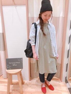 「Samansa Mos2 blue」｜「アイテム（ニットキャップ/ビーニー）」を使った、ayaka＊さん（レディース・158cm）の春コーディネート