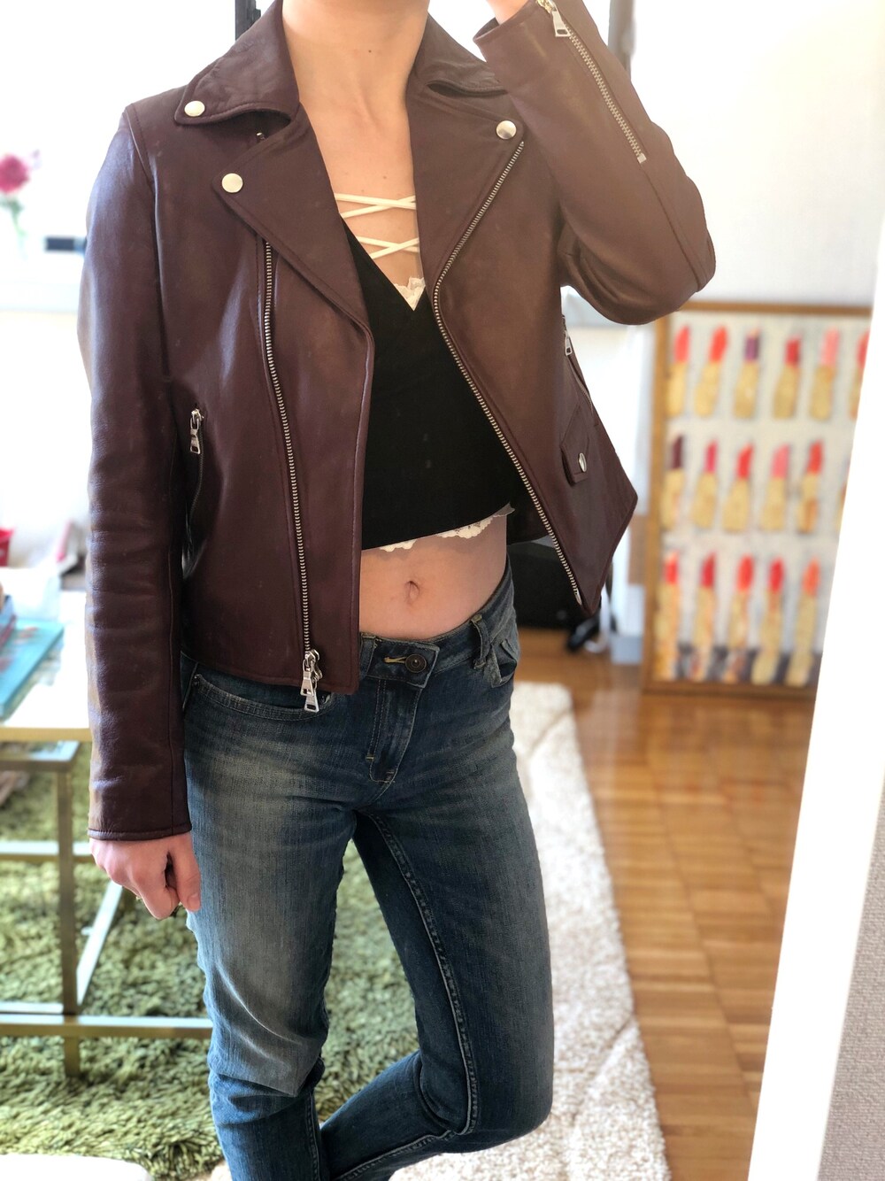 「spring、jacket 、winered」｜「ROSE BUDのアイテム（ライダースジャケット、ブラウン系）」を使った、🄼🄰🄷🄾さん（レディース・154cm）の春コーディネートの1枚目の写真