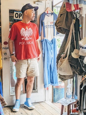 「アイテム（レッド系）」を使った、ataco garageさん（メンズ・173cm）の夏コーディネート