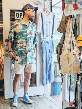 「レーヨンシャツ」｜「アイテム（帽子）」を使った、ataco garageさん（メンズ・173cm）の夏コーディネート