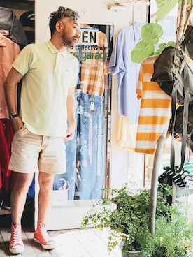 「アイテム（ポロシャツ、グリーン系）」を使った、ataco garageさん（メンズ・173cm）の夏コーディネート