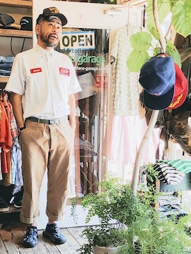 「CiNTAS（シンタス）のアイテム」を使った、ataco garageさん（メンズ・173cm）の夏コーディネート