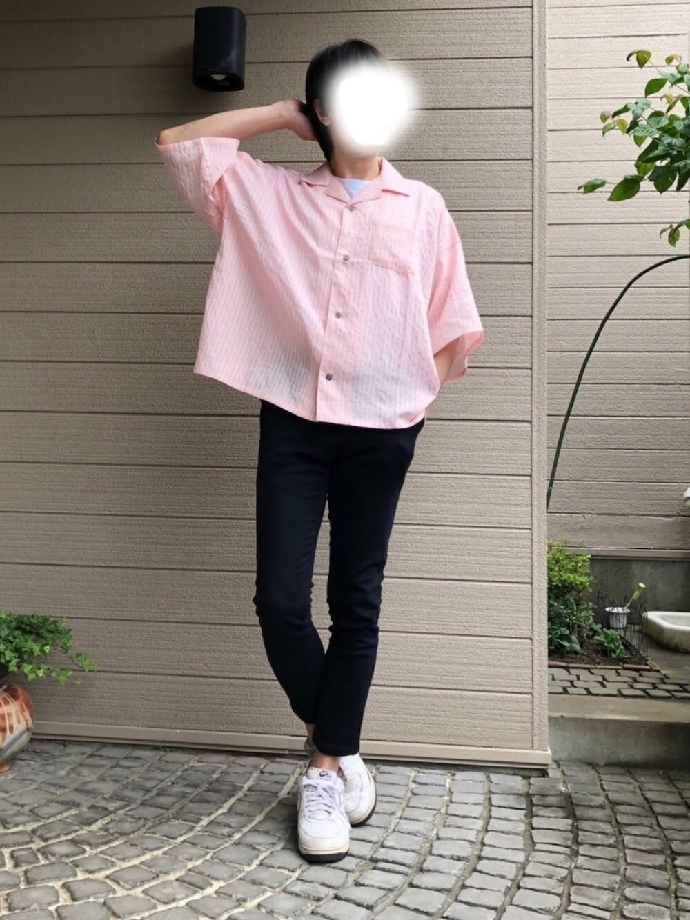 「シャツ好き集まれ、オトナカジュアル、休日スタイル、オーバーサイズ、ゆるコーデ、キレイめ、ビックシルエット、開襟シャツ」｜「unrelaxingの開衿ストライプシャツ ベーシックオープンカラーシャツストライプシャツ（シャツ/ブラウス、ピンク系）」を使った、UMEさん（メンズ・178cm）の夏コーディネートの1枚目の写真