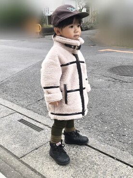 「アイテム（レッグウェア、グリーン系）」を使った、shoeitaさん（キッズ・90cm）の冬コーディネート