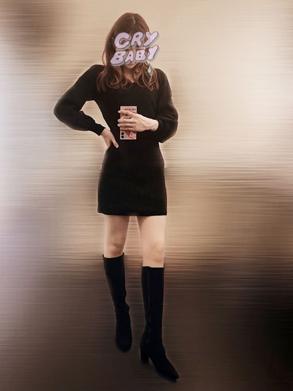 「冬コーデ、シンプル、ニットコーデ、ootd、ブーツ、ロングブーツ、ワンピース、eimy istoire、MIIA、ESPERANZA」｜「MIIAの【丈が選べる】[低身長向け/高身長向けサイズ対応][ZOZO限定カラー/サイズ]パフスリーブニットタイトワンピース（ワンピース、ブラック系）」を使った、ytさん（レディース・162cm）の冬コーディネートの1枚目の写真