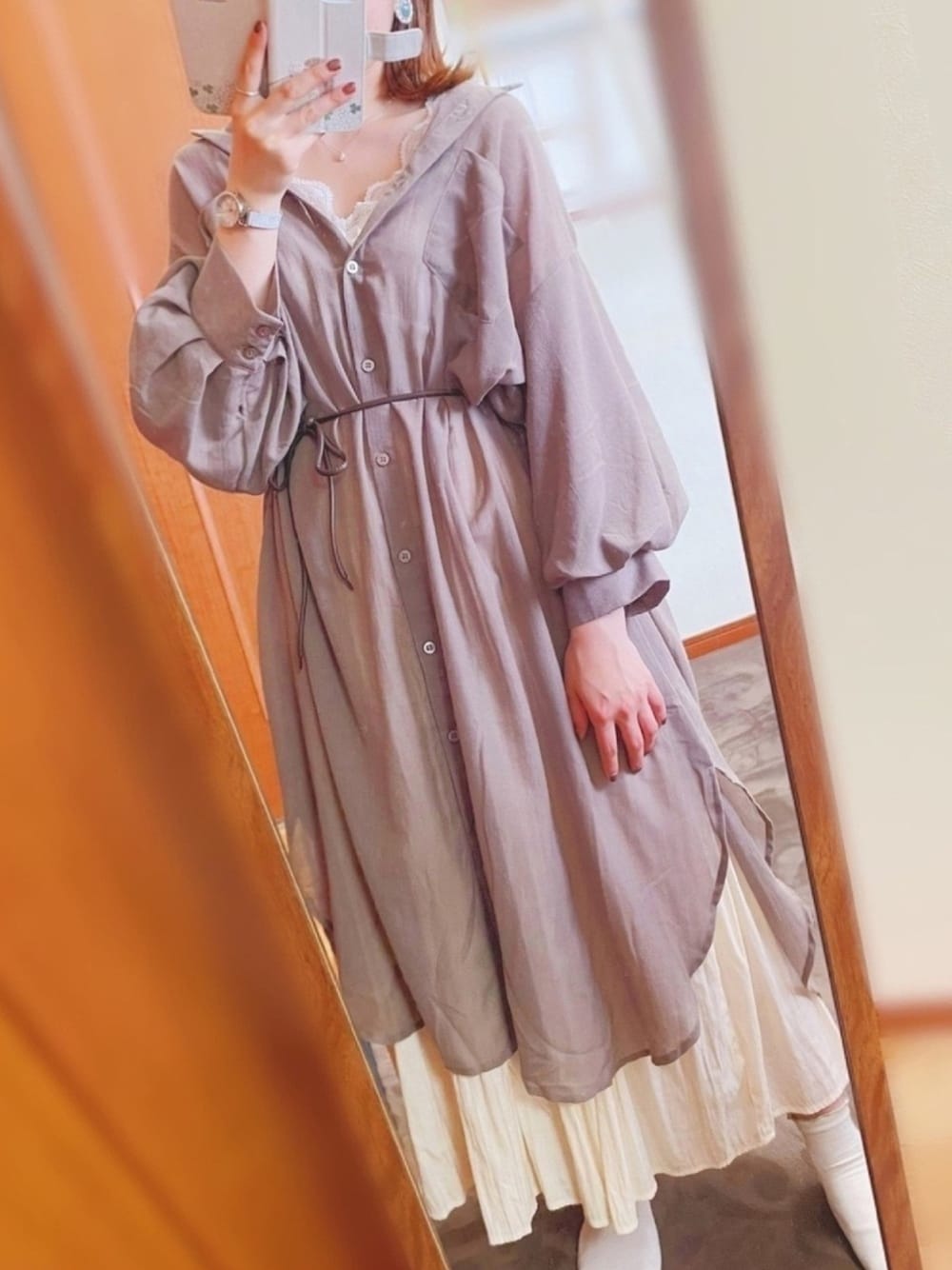 「ゆるコーデ、ブラウンコーデ、低身長、低身長コーデ、大人かわいい、レイヤードスタイル、プチプラ、大学生、RETRO GIRL、emsexcite」｜「RETRO GIRLの袖バルーンバンドカラーワンピース（シャツワンピース、ブラウン系）」を使った、maroru✲*ﾟさん（レディース・148cm）の夏コーディネートの1枚目の写真