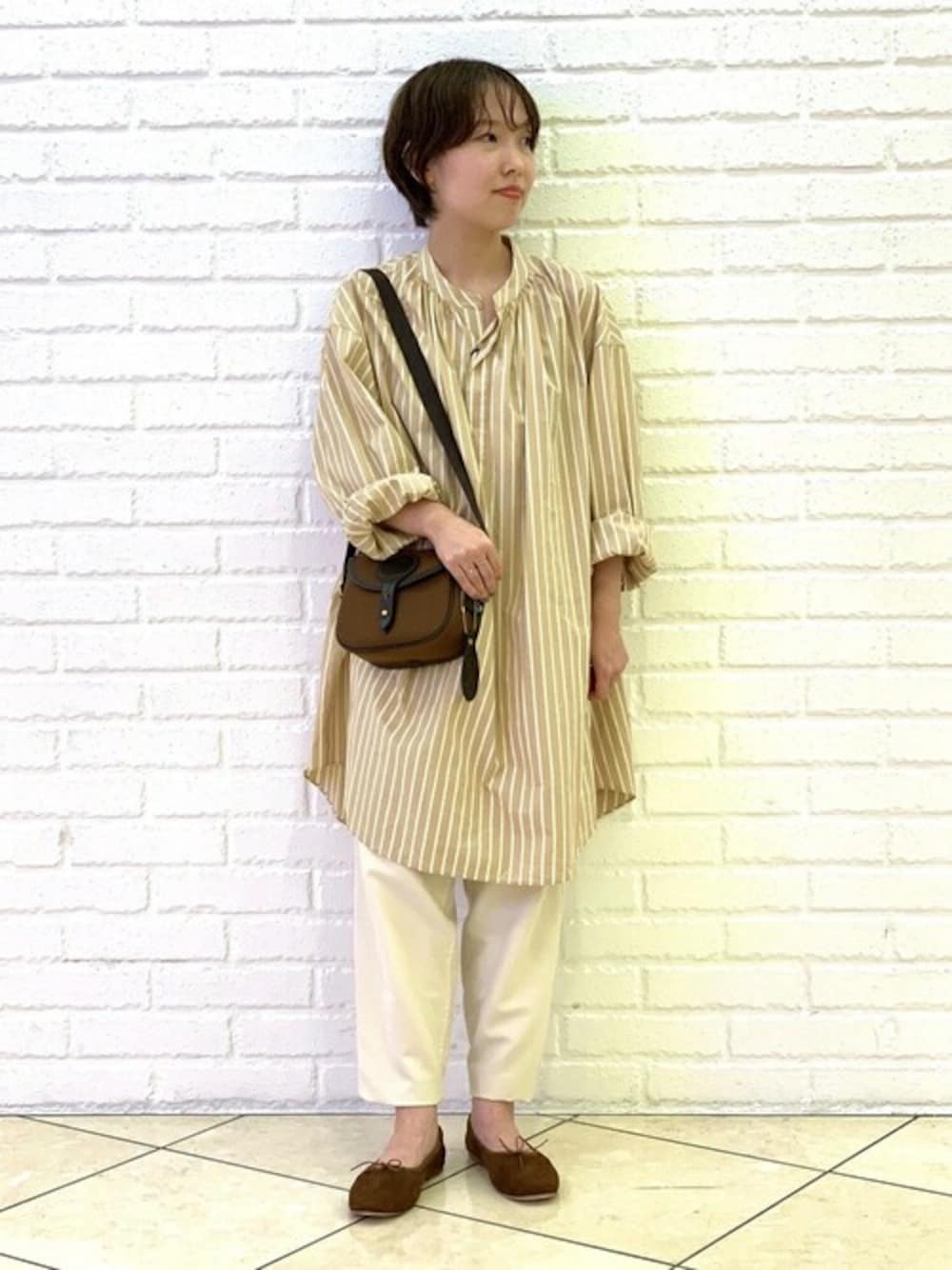 「#bshop、#秋コーデ、#le glazik、#unfil、#低身長コーデ」｜「LE GLAZIKの【LE GLAZIK】ストライプ ギャザーネックチュニック WOMEN（シャツ/ブラウス、その他）」を使った、すなださん（レディース・148cm）の夏コーディネートの1枚目の写真