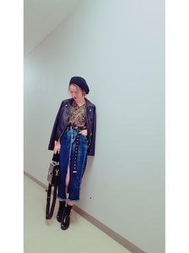 「SpRay（スプレイ）のアイテム（ライダースジャケット）」を使った、Chisa Ueharaさん（レディース・160cm）の秋コーディネート