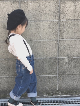 「韓国子供服のアイテム（Tシャツ/カットソー、ホワイト系）」を使った、Cocoさん（キッズ・90cm）の冬コーディネート