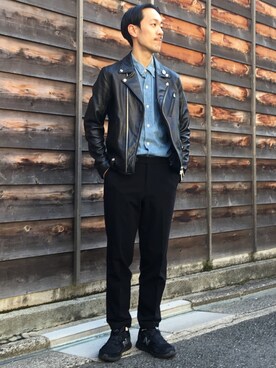 「Steven Alan」｜「アイテム（ライダースジャケット）」を使った、Keisuke Osukaさん（メンズ・175cm）の冬コーディネート
