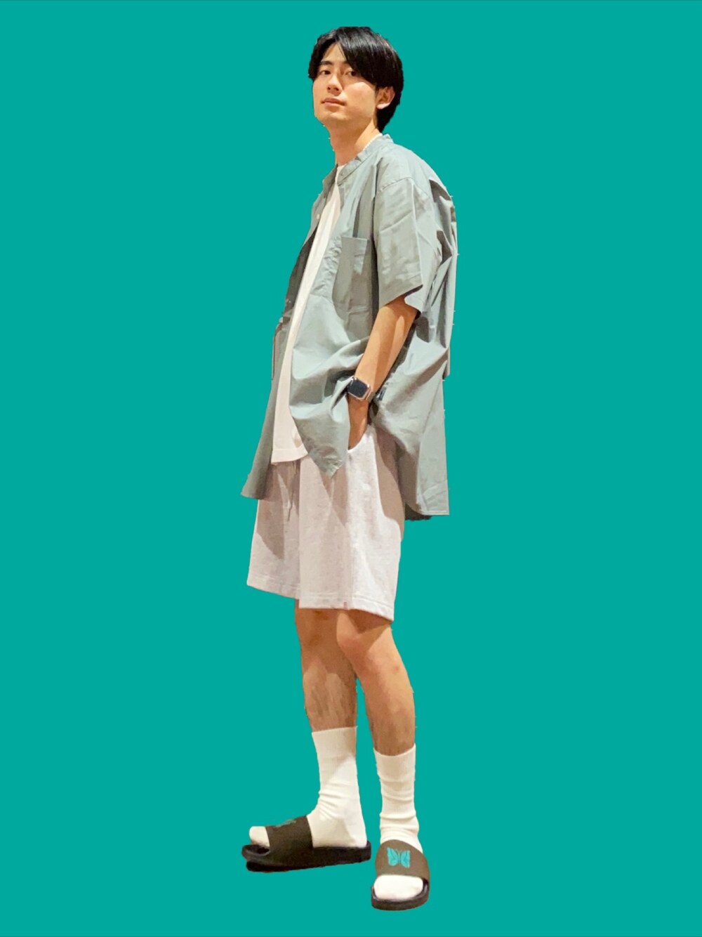 「夏コーデ、バンドカラーシャツ、ライトオン」｜「BACK NUMBERの【BACK NUMBER】DRY半袖バンドカラーシャツ（シャツ/ブラウス、ブルー系）」を使った、shoki1997rさん（メンズ・167cm）の夏コーディネートの1枚目の写真