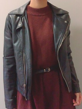 「AS KNOW AS PINKY（アズノゥアズピンキー）のアイテム（ライダースジャケット）」を使った、yassuさん（レディース・160cm）の冬コーディネート