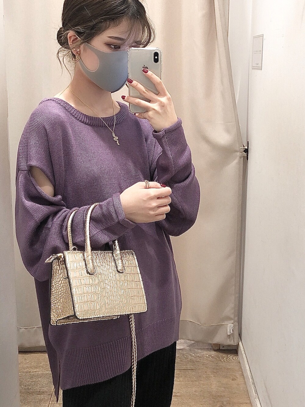 「H&M、Discoat、紫、紫トップス、ニット、ラフコーデ、秋服、ニットコーデ、プチプラ、今日のコーデ」｜「DISCOATのアイテム（トップス、パープル系）」を使った、NANA🤍🦛さん（レディース・157cm）の秋コーディネートの1枚目の写真