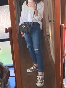 「H&M（エイチ・アンド・エム）のアイテム（シャツ/ブラウス、ホワイト系）」を使った、nemunemuさん（レディース・154cm）の春コーディネート