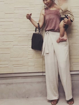 「Re:EDIT（リエディ）のリネンブレンドカシュクールパンツ（その他パンツ）」を使った、AKARIさん（レディース・163cm）の夏コーディネート