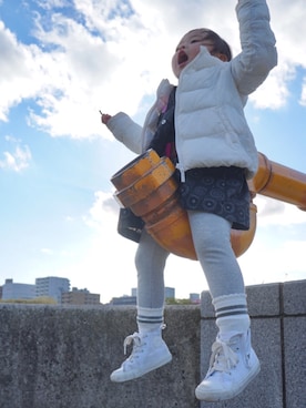 「アイテム（ダウンジャケット/コート、ホワイト系）」を使った、cocoonoocncさん（キッズ・100cm）の冬コーディネート