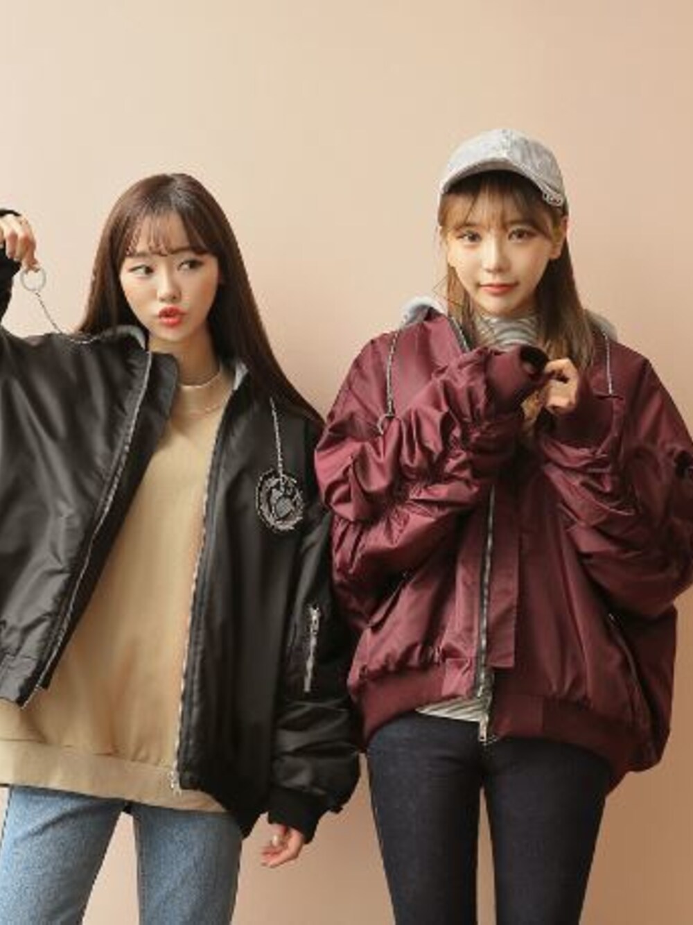 「ジャケット、トレンド、MA-1、フード付きアウター、Gogosing、カジュアルコーデ、ルーズフィット、ゴゴシング、ワインカラー、冬のコーデ」｜「チェーンフード付きMA-1ジャケット（その他アウター、その他）」を使った、GOGOSINGさん（レディース・163cm）の冬コーディネートの1枚目の写真