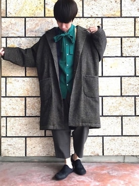 「my beautiful landlet（マイビューティフルランドレット）のアイテム（ステンカラーコート）」を使った、ジヨンさん（メンズ・172cm）の冬コーディネート