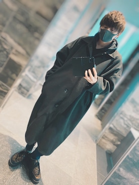 「neos（ネオス）のアイテム（ステンカラーコート）」を使った、MAHYOさん（メンズ・177cm）の冬コーディネート