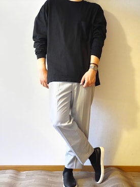 「ストライプパンツ」｜「アイテム（スリッポン）」を使った、ユウタ(SOD)さん（メンズ・179cm）の春コーディネート