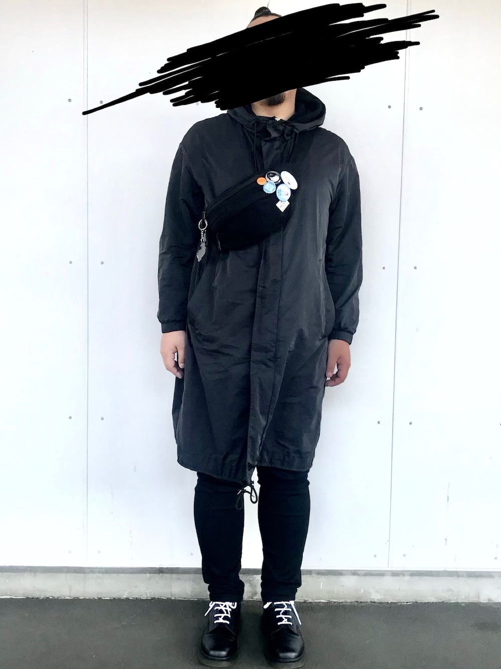 「GLOBAL WORKのアイテム（ジャケット/アウター、ブラック系）」を使った、y.endoさん（メンズ・175cm）の春コーディネートの1枚目の写真