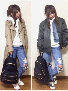 「AZUL by moussy（アズールバイマウジー）のｸﾗｯｼｭﾎﾞｰｲﾌｨｯﾄﾃﾞﾆﾑﾊﾟﾝﾂ（デニムパンツ）」を使った、akanenさん（レディース・157cm）の冬コーディネート