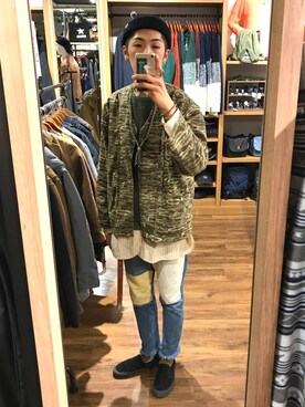 「ノーカラーシャツ」｜「アイテム（スリッポン）」を使った、Uhey.kさん（メンズ・183cm）の冬コーディネート