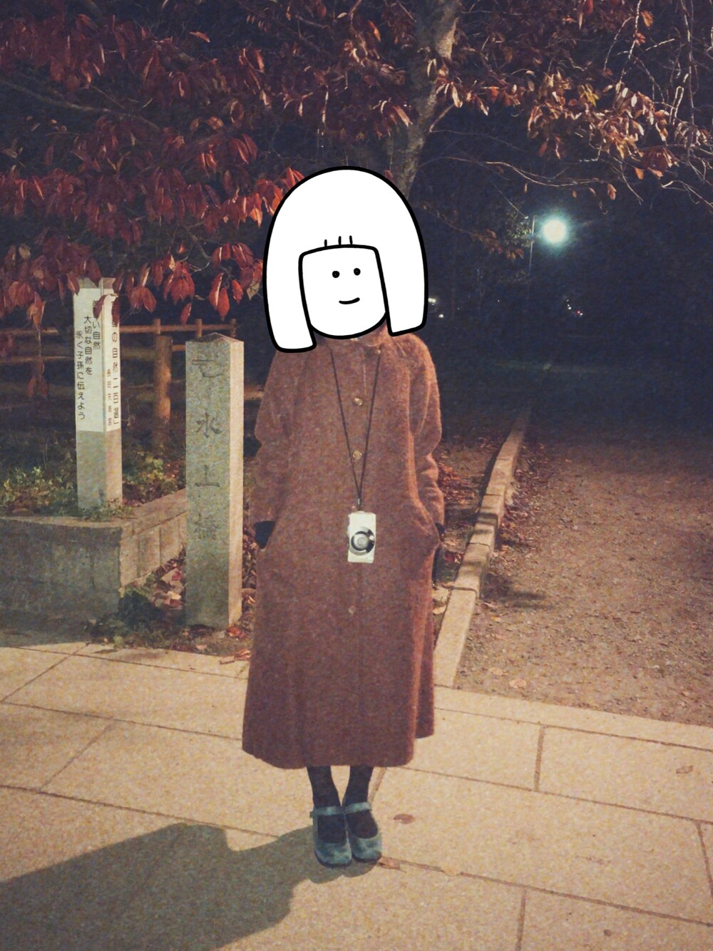 「京都、17AW、秋冬コーデ、コート、ビンテージ、借り物コーデ、初投稿、おさがり、レトロ、学生」｜「VINTAGEのアイテム（チェスターコート、ブラウン系）」を使った、いいざちゃんさん（レディース・159cm）の冬コーディネートの1枚目の写真