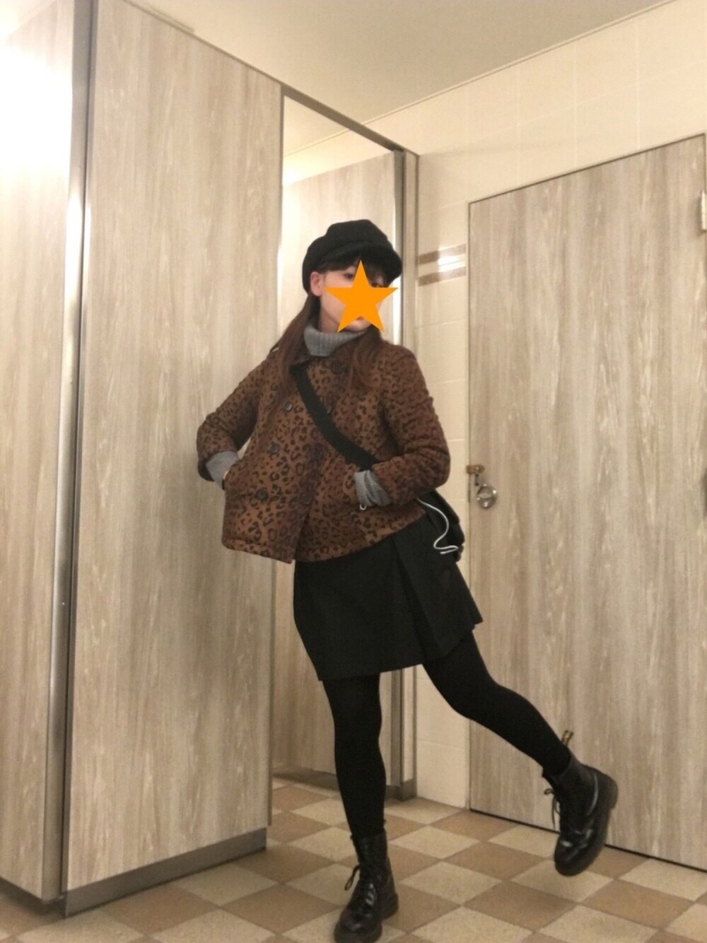「Ray BEAMS、Dr.Martens、x-girl、GU、レオパード、キャスケット、さかなクン」｜「Ray BEAMSのアイテム（ジャケット/アウター、ブラウン系）」を使った、KEIさん（レディース・150cm）の春コーディネートの1枚目の写真
