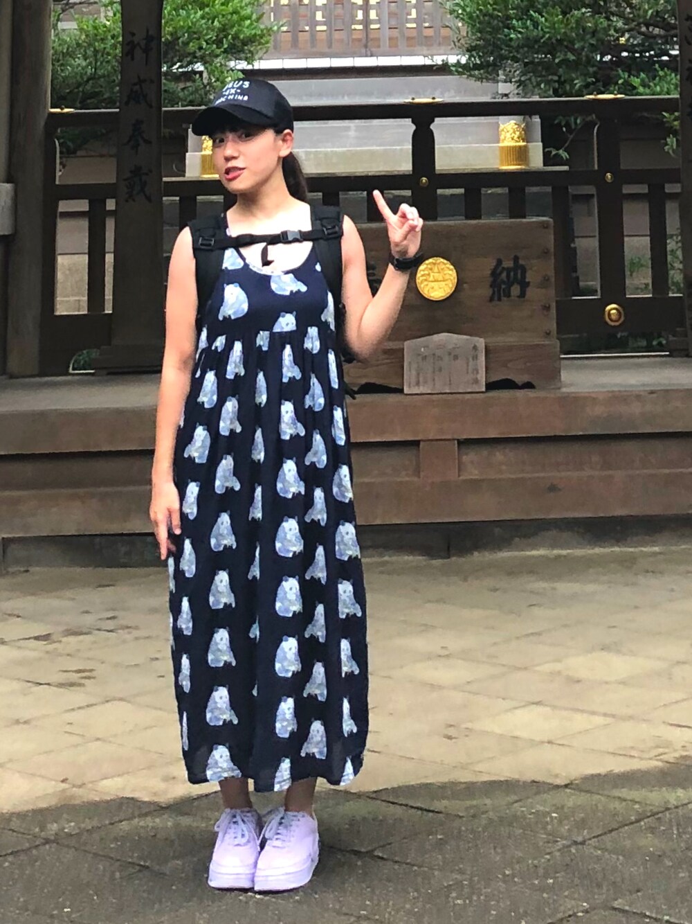 「JEANS MATE、DEUS EX MACHINA、NIKE、パンダ、ワンピース、日焼けがエグい」｜「JEANS MATEの【CUA】インド綿ワンピース（ワンピース、ブルー系）」を使った、KEIさん（レディース・150cm）の秋コーディネートの1枚目の写真
