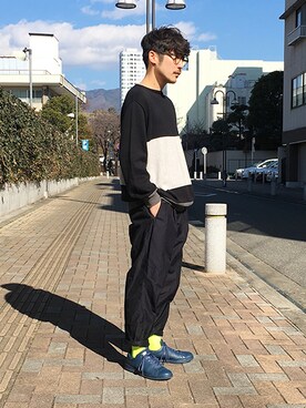 「アイテム（ソックス/靴下、イエロー系）」を使った、ilkさん（メンズ・165cm）の冬コーディネート