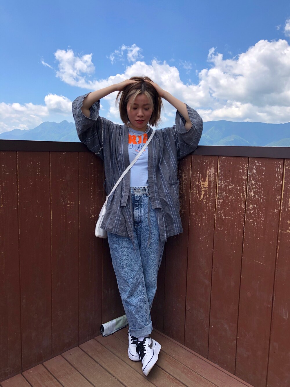 「summer、girl、VINTAGE、90’s、TOKYO、kimono、streetstyle、streetfashion、streetwear」｜「VINTAGEのアイテム（その他アウター、グレー系）」を使った、athena_lookbookさん（レディース・153cm）の夏コーディネートの1枚目の写真