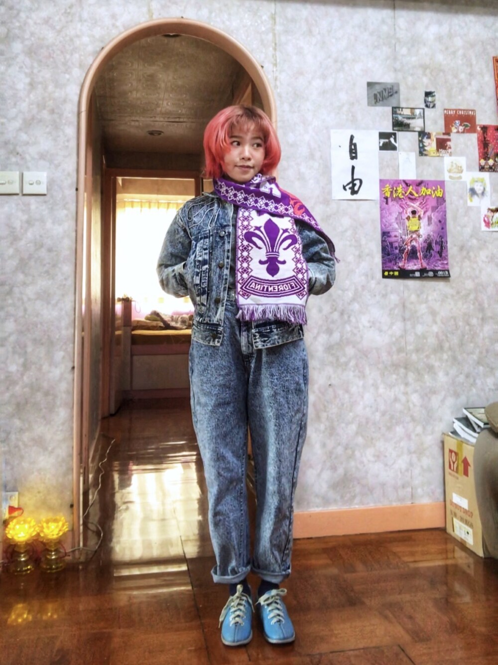 「vintage、古着、古着MIX、古着女子、古著、古着風、古著混搭、古著MIX、古著風、古著外套」｜「VINTAGEのアイテム（マフラー、パープル系）」を使った、athena_lookbookさん（レディース・152cm）の冬コーディネートの1枚目の写真