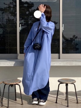 「サックスブルー」｜「アイテム（シャツワンピース）」を使った、あーちゃんさん（レディース・153cm）の夏コーディネート
