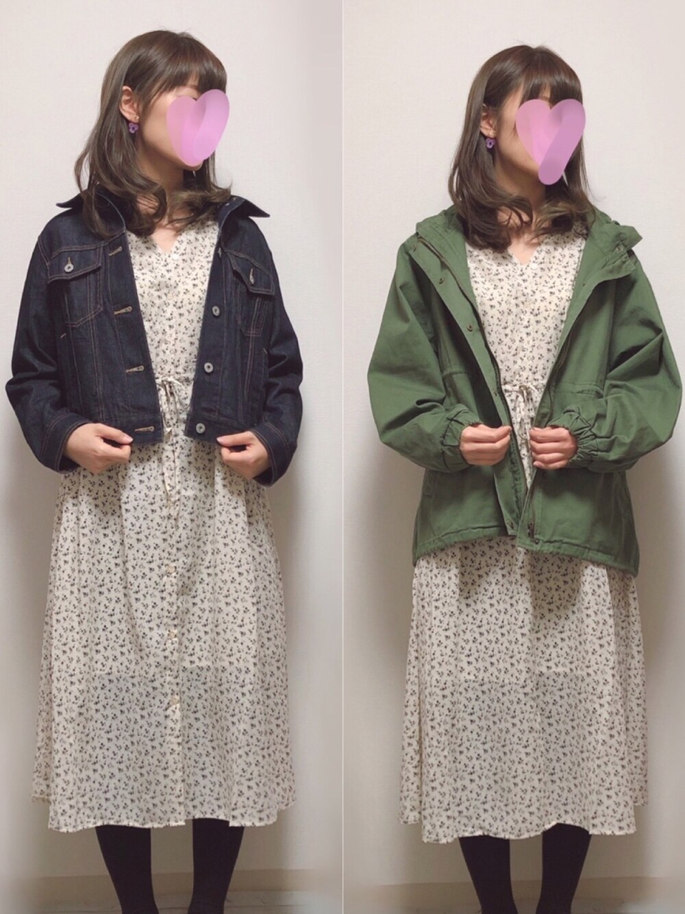 ホワイト系のワンピース/ドレス、ブルー系のデニムジャケット、グリーン系のブルゾンを着用したレディースの春コーディネートの1枚目の写真