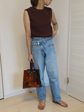 「ワッフルスリーブレスt」｜むらっちさん（レディース・163cm）の夏コーディネート