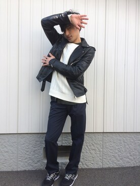 「roshell（ロシェル）のアイテム（ライダースジャケット）」を使った、こぅきさん（メンズ・172cm）の冬コーディネート