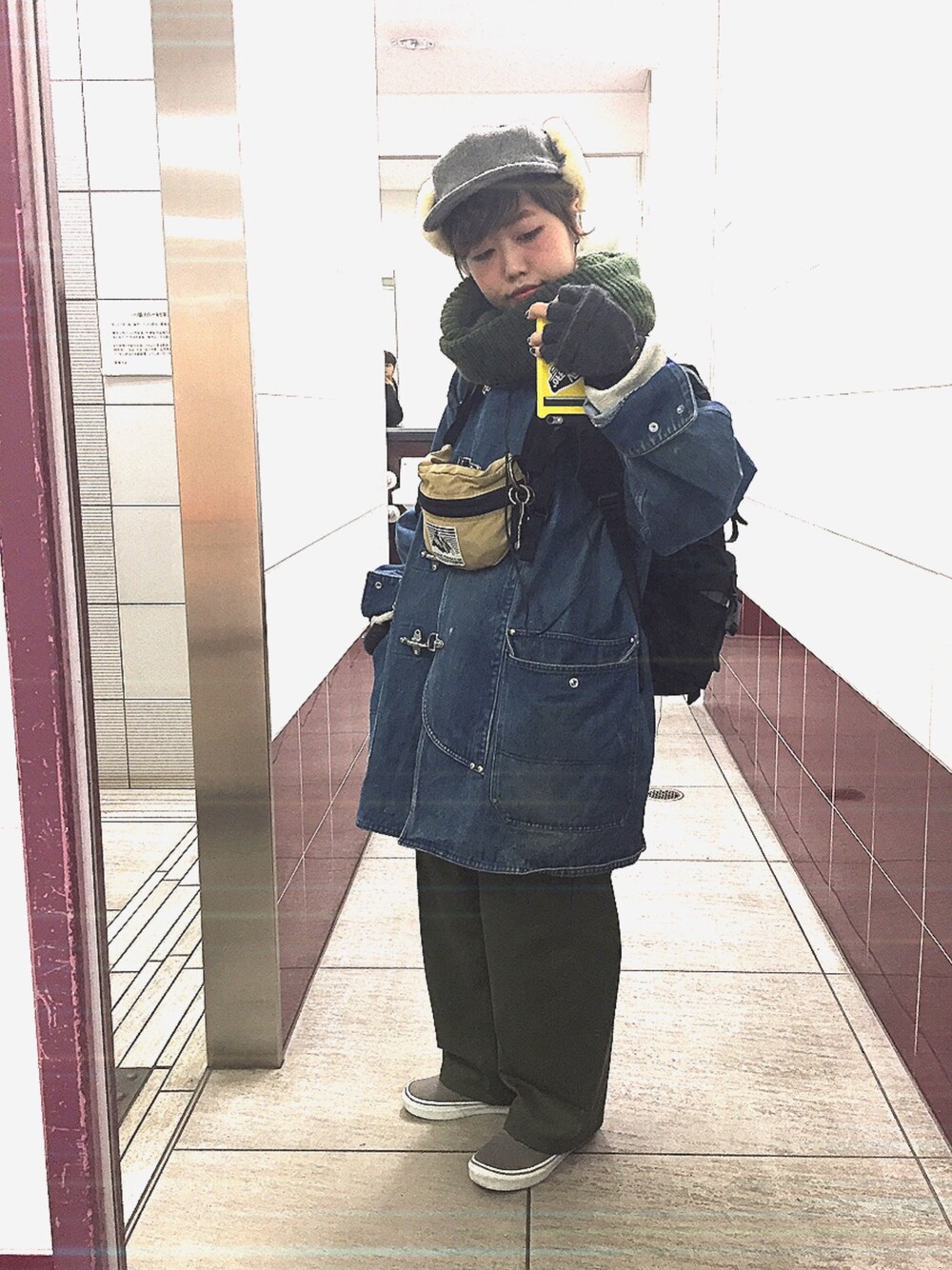 「rrl、used、フライトキャップ、VANS、vintage、だぼっとゆるっと。、メンズライク、カーキパンツ、黒リュック、冬コーデ」｜「used(FILSON)のアイテム（キャップ、グレー系）」を使った、junri さん（レディース・153cm）の冬コーディネートの1枚目の写真