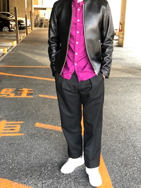 「シンプルおしゃれが好き」｜「アイテム（ライダースジャケット）」を使った、TAKUMAさん（メンズ・171cm）の秋コーディネート