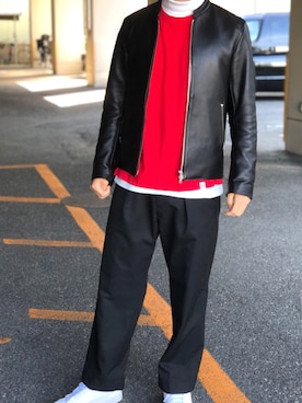 「シンプルおしゃれが好き」｜「アイテム（ライダースジャケット）」を使った、TAKUMAさん（メンズ・171cm）の秋コーディネート