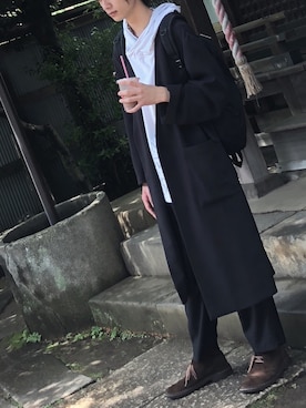 「ネコ」｜「アイテム（チェスターコート）」を使った、のさん（メンズ・172cm）の夏コーディネート