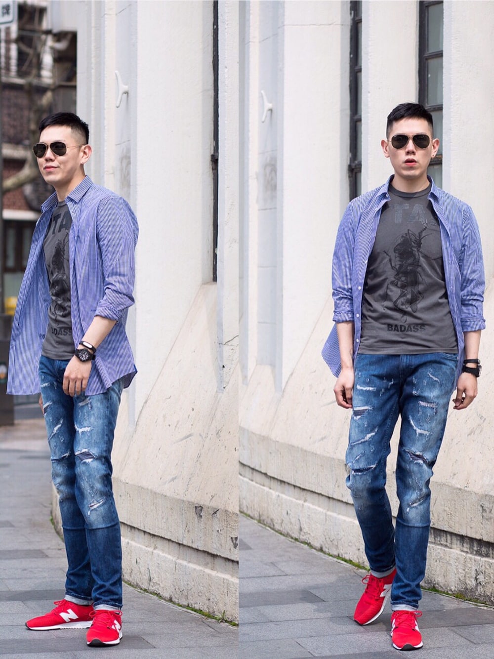 「DSQUARED2のアイテム（Tシャツ/カットソー、グレー系）」を使った、ZEEY MEN 穿搭さん（メンズ・181cm）の春コーディネートの1枚目の写真