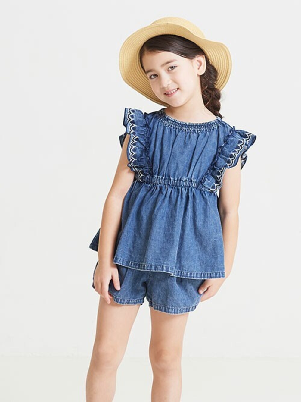 「セットアップ、キッズコーデ、セットアップスタイル、夏コーデ、カンカン帽、女の子コーデ、BREEZE、ＵＶカット、キッズファッション、エフオーオンラインストア(F.O.Online Store)」｜「BREEZEのセットアップ（セットアップ、ブルー系）」を使った、F.O.OnlineStoreさん（キッズ・110cm）の夏コーディネートの1枚目の写真