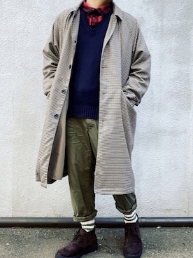 「赤チェック」｜「アイテム（ステンカラーコート）」を使った、Goohy (ぐーひー)さん（メンズ・170cm）の冬コーディネート