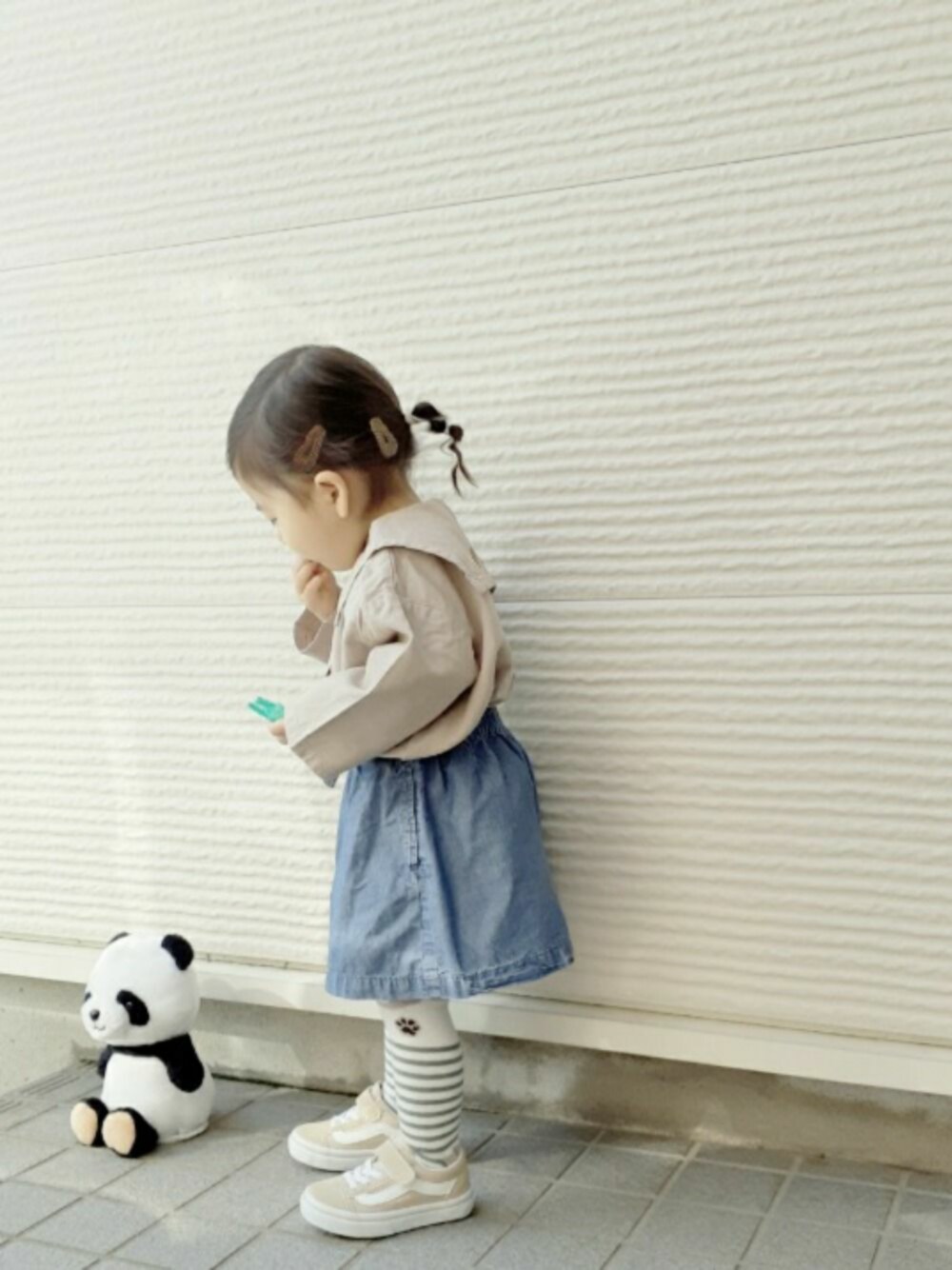 「セーラー襟、セーラーカラー、韓国子供服、ボーダー、春コーデ、おんなのこ、2歳、おしゃれさんと繋がりたい、キュロット、公園」｜「韓国子供服のアイテム（シャツ/ブラウス、ベージュ系）」を使った、-eeeちゃん-さん（キッズ・80cm）の春コーディネートの1枚目の写真